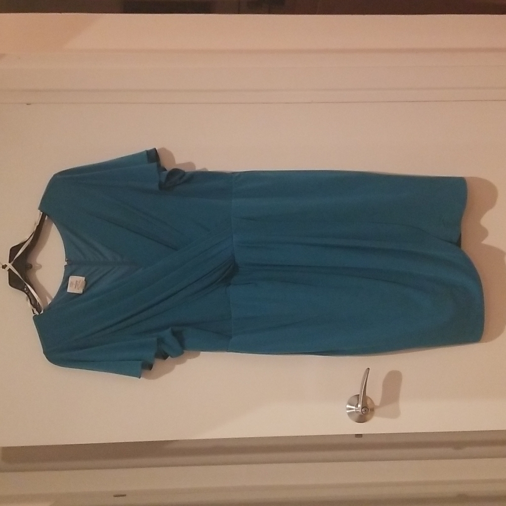 Turquoise Faux Wrap Dress with Flutter Sleeve by Suzi Chin for Maggie Boutique